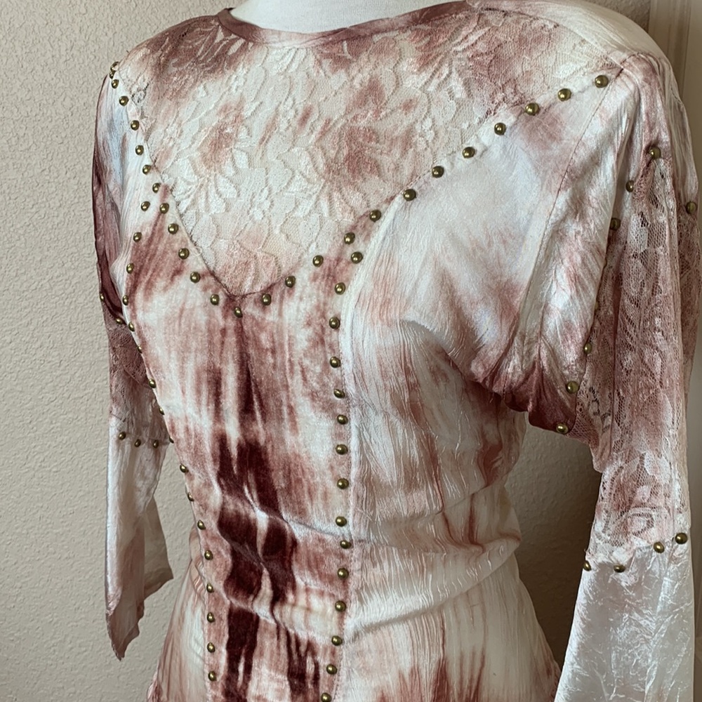 Renaissance Ren Faire Fairy Goth Grunge Feminine Pink Lace Velvet Handmade Dress - Picture 4 of 11